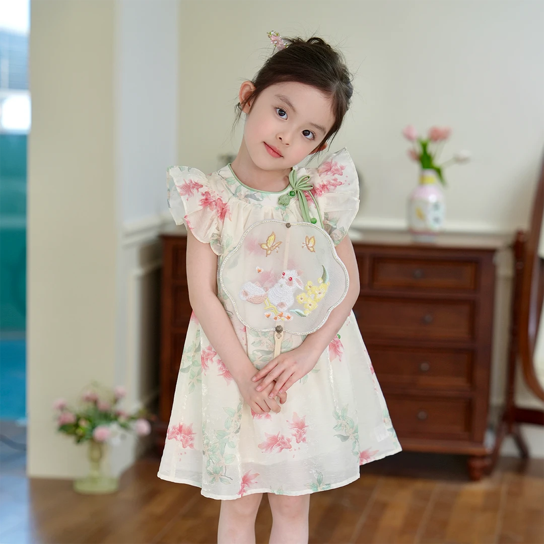 现货【祈愿】5216女童连衣裙国风新中式夏装时尚显白女宝飞飞袖裙子