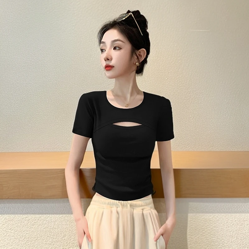 2025新款夏季短袖T恤女黑色设计感镂空莫代尔半袖短款紧身上衣潮