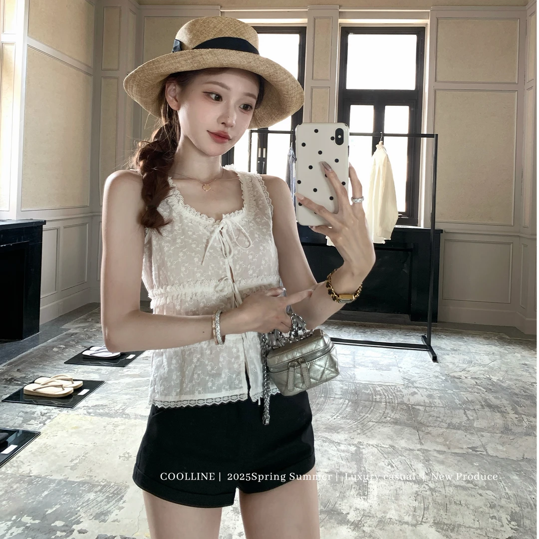 COOLLINE林子熙 doll明日古董 优雅抽绳刺绣小衫/牛仔裤