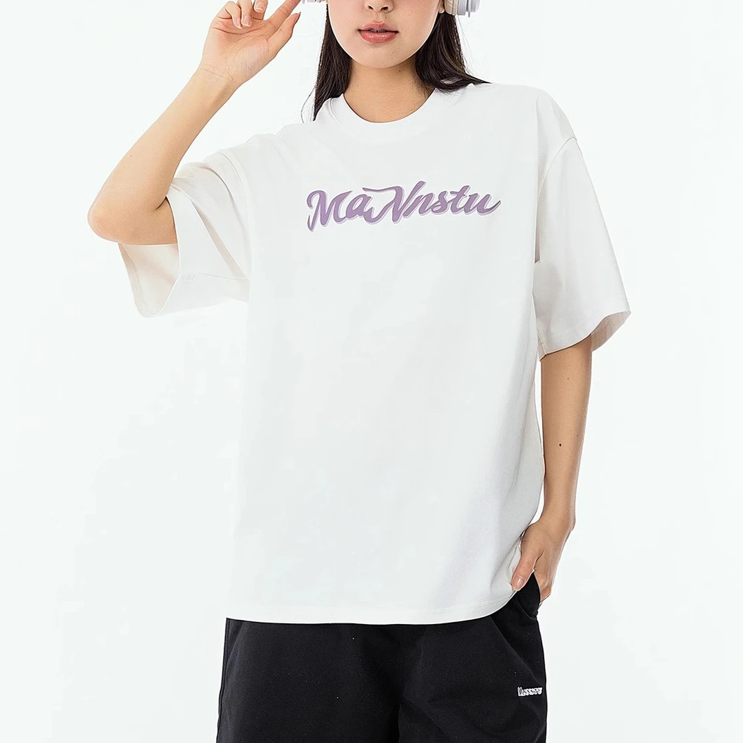 夏季字母撞色印花宽松圆领落肩袖简约T恤上衣