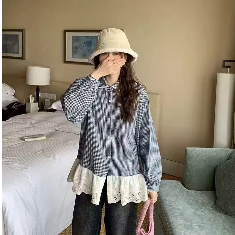 尼卡~爆款格子拼接蕾丝下摆衬衫