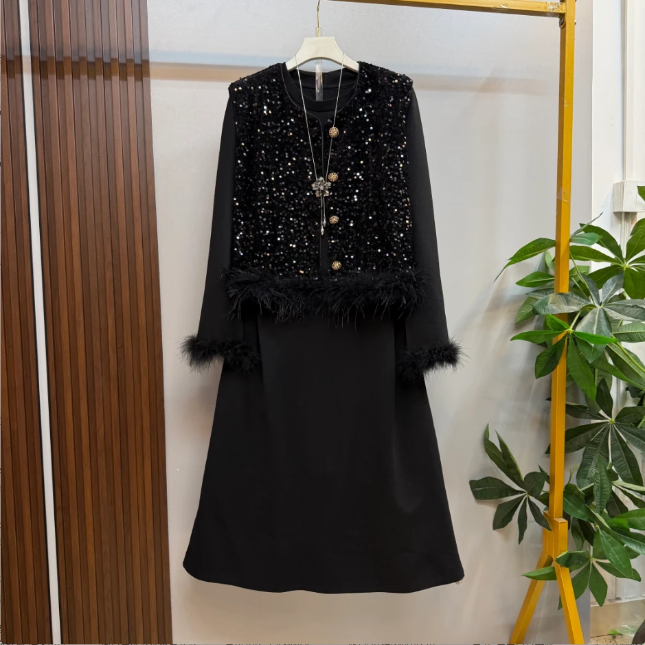 新款大码女装时尚洋气轻奢显瘦重工亮片马甲十打底裙两件套套装