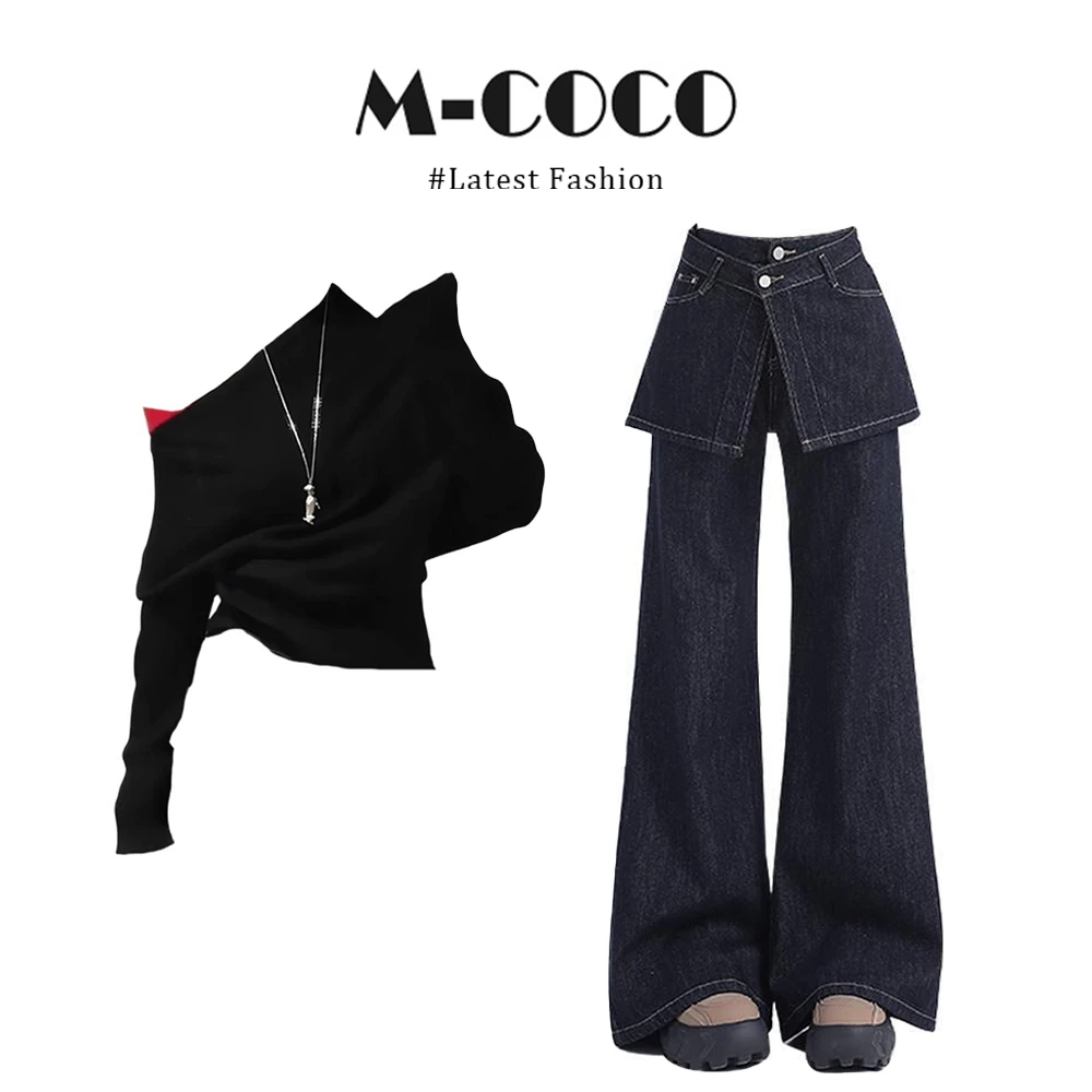 MARIE.COCO韩系老钱风不规则斜肩针织衫毛衣上衣微喇牛仔裤套装