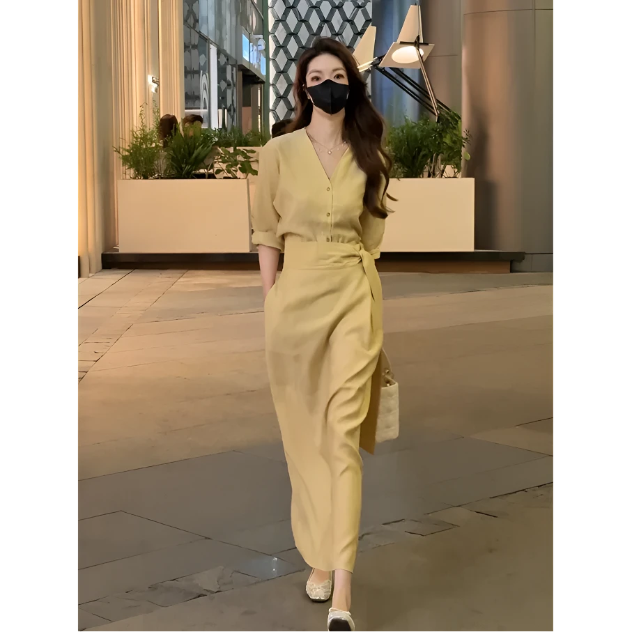 休闲时尚套装女新款V领宽松长袖衬衫上衣夏季高腰半身裙两件套