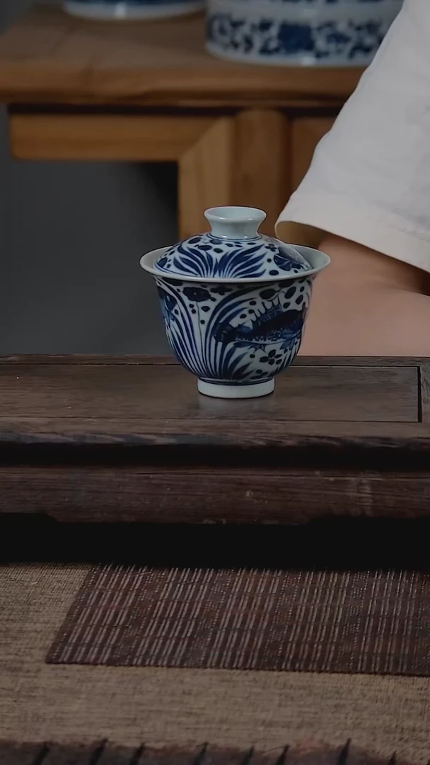 盖碗折葵非器手工手绘鱼藻两才盖碗