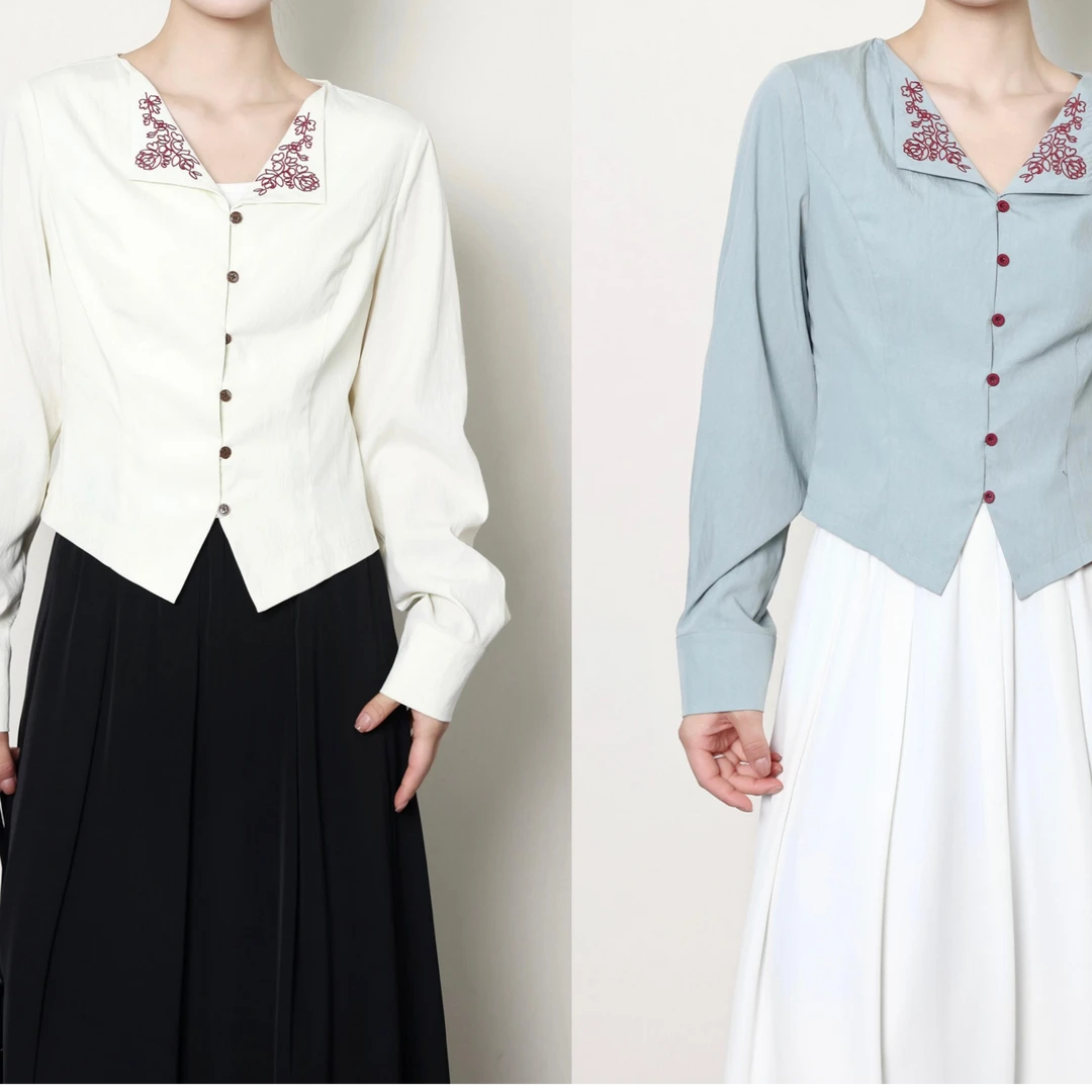 QC杨杨【逾白花影】微胖大码女早秋时尚复古撞色绣花衬衫ZY408K06