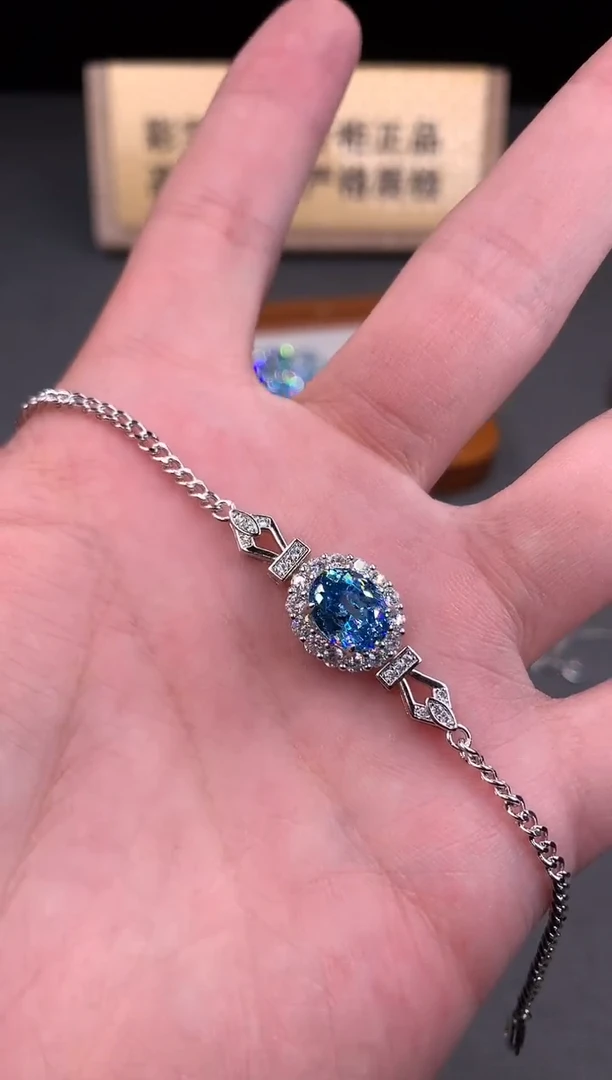 银S925镶嵌手链海蓝宝石2222