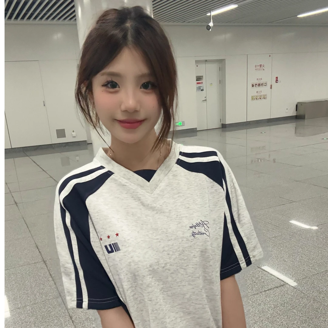 夏季温柔少女感韩系纯棉宽松拼接撞色V领高级感显瘦短袖T恤女