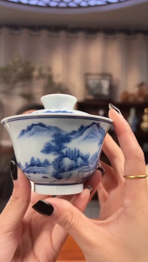 【闪购商品】盖碗景德镇青花山水二才盖碗