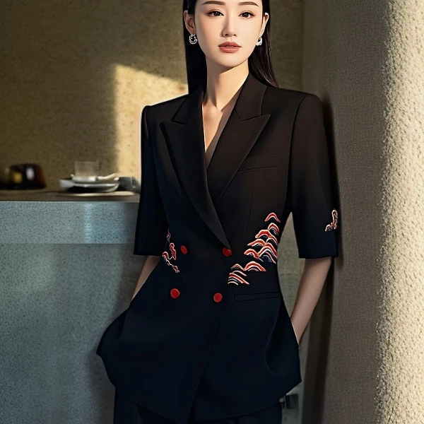 25823千里江山刺绣轻职风拼接夏季西装修身显瘦套装气质轻奢