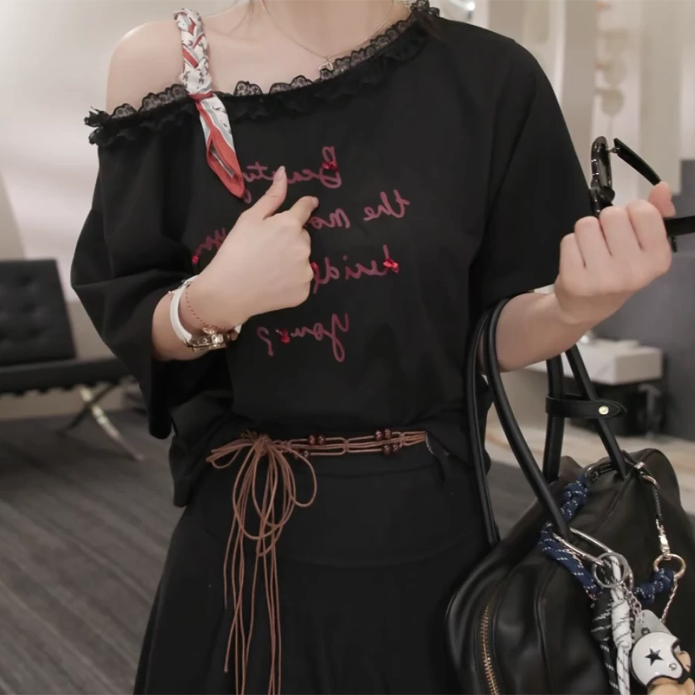 【素雅蕾丝】2025夏季新款时尚休闲气质T恤上衣百搭设计感上衣T恤