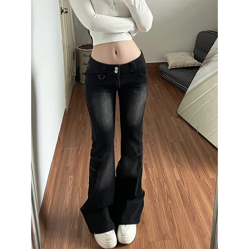 美式复古黑灰色微喇加绒牛仔裤女秋冬季加厚修身显瘦马蹄喇叭裤子