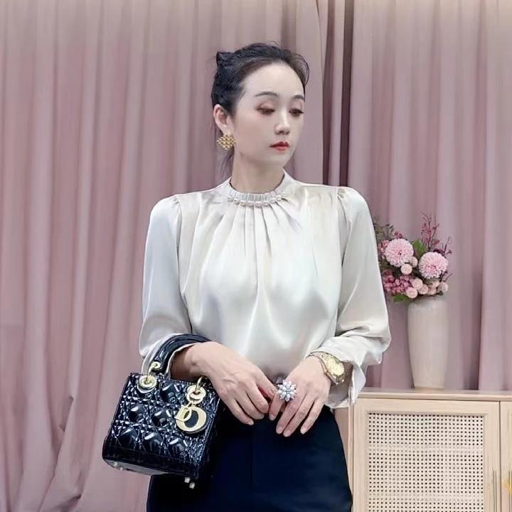 长袖小衫新款宽松气质遮肚子衬衫缎面时尚显瘦衬衣上衣25-019