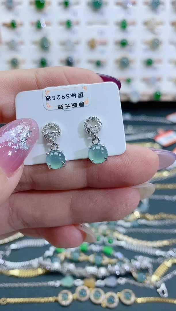 银S925镶嵌翡翠耳饰天然翡翠