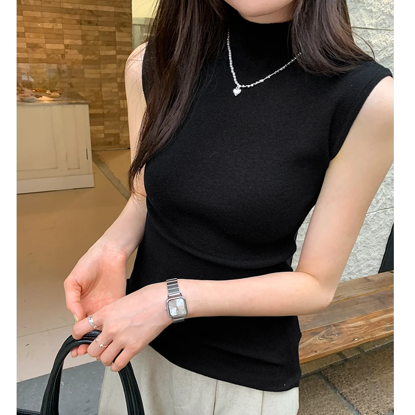 莱赛尔天丝无袖针织背心女夏季薄款韩系内搭半高领上衣2025年新款