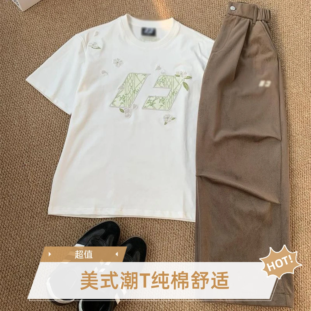 美式国潮oversize花卉贴布刺绣短袖T恤男女夏季重磅纯棉情侣上衣
