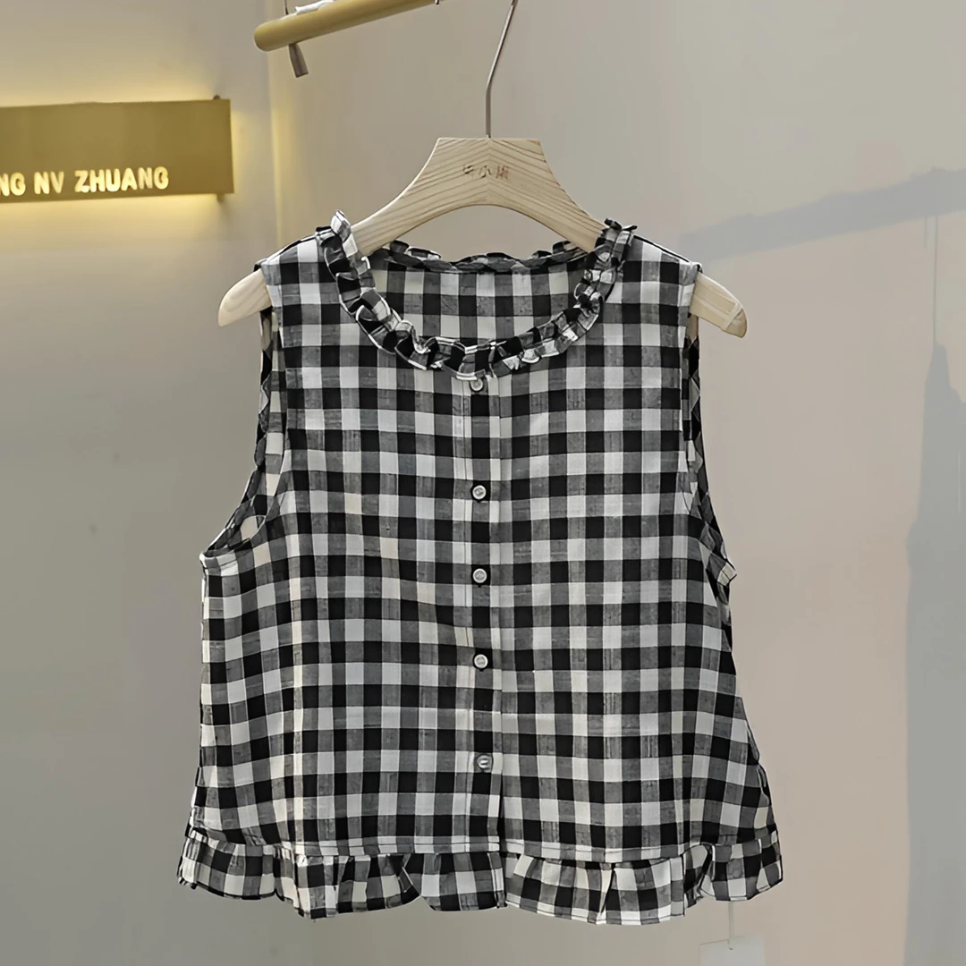 宽松休闲格子圆领无袖衬衫夏季新款显瘦内搭老钱风松弛感女装上衣