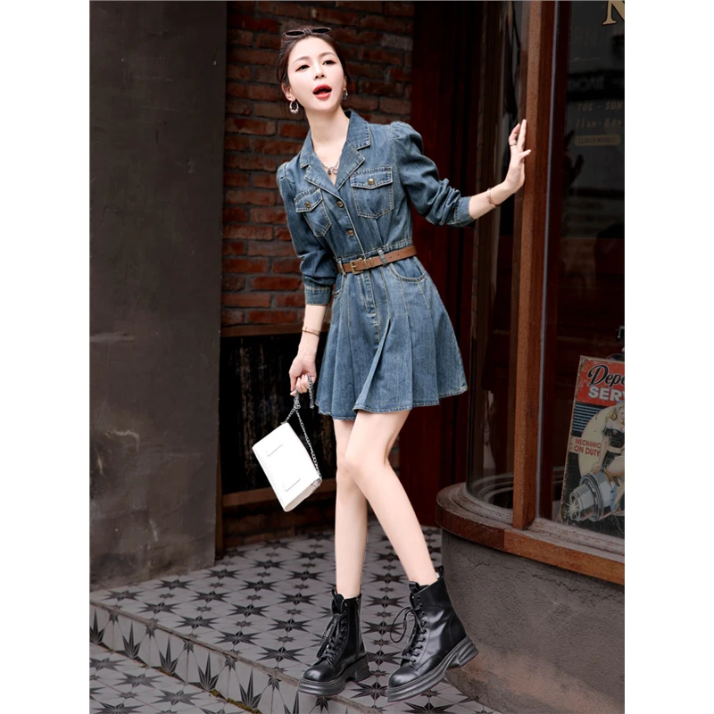 小个子牛仔连衣裙女秋季2025新款复古气质减龄收腰显瘦a字百褶裙