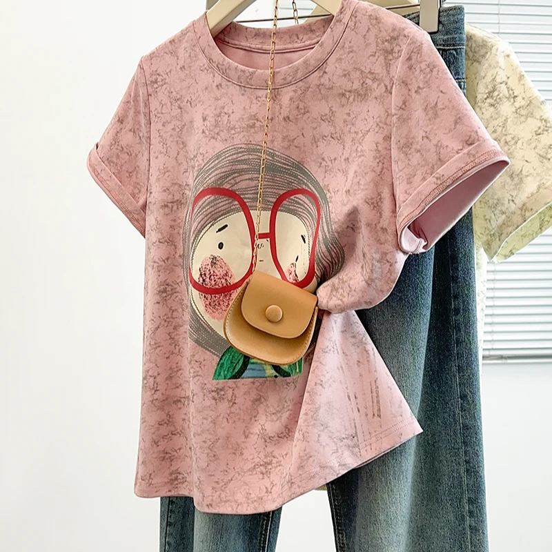 2025夏装新款胖mm大码女时尚俏皮卡通印花扎染短袖T恤33785