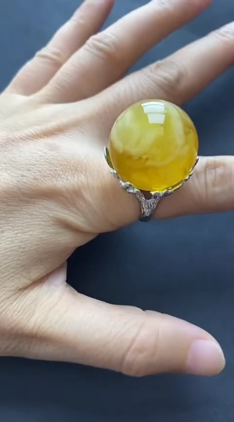 银S925镶嵌琥珀裸石琥珀戒指