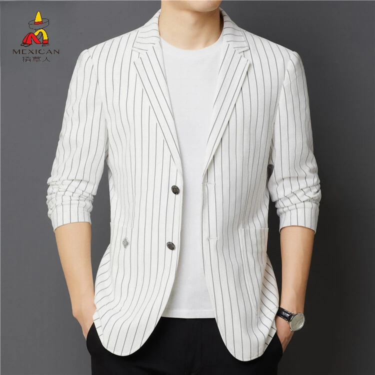 高级感中青年男式休闲韩版小西服修身外套单西春秋季条纹男士外套