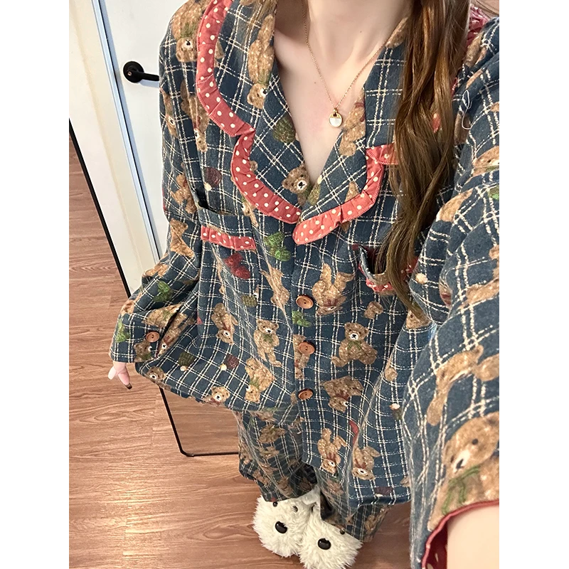 韩版甜美格纹小熊开衫睡衣女春秋新款宽松长袖长裤家居服舒适套装