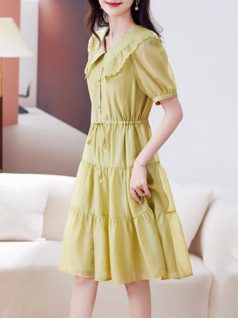 T1922连衣裙女夏2025新款娃娃领收腰温柔高级感显瘦A5