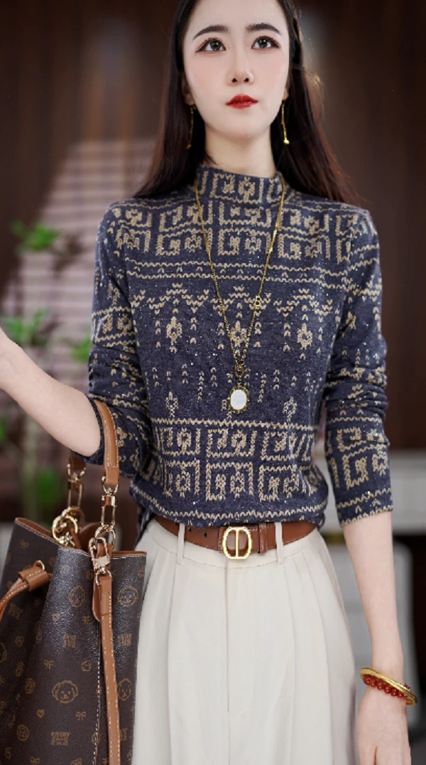 Y308新款时尚百搭气质宽松减龄半高领长袖上衣-悠悠