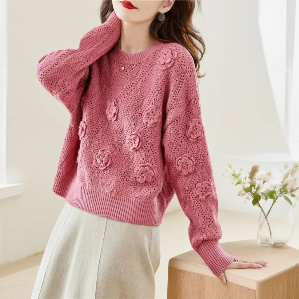 春竹世家低领立体花朵粉色休闲毛衣气质加厚秋冬气质款小个子短款