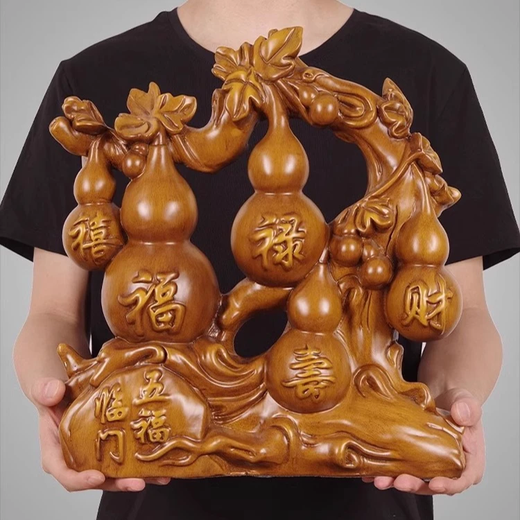 木雕葫芦摆件客厅办公室玄关摆饰新房乔迁礼物实木五福临门工艺品