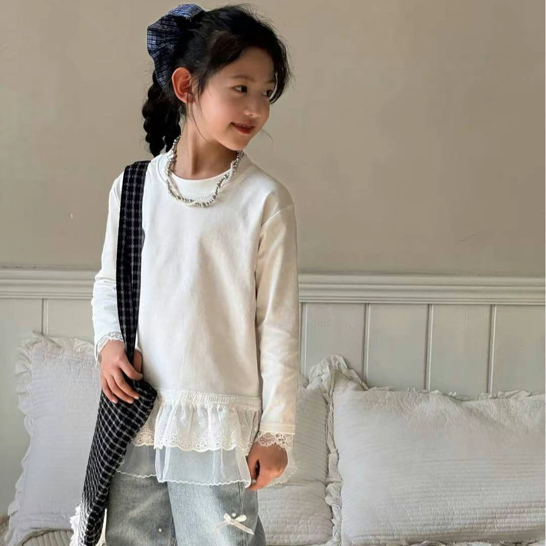 熙爱2025春秋季新款女童甜美蕾丝花边拼接长袖T恤时尚打底衫25826