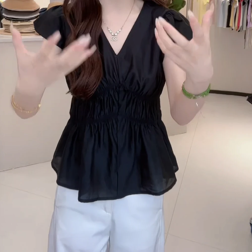 夏季韩版纯色褶皱收腰V领小衫上衣百搭时尚减龄