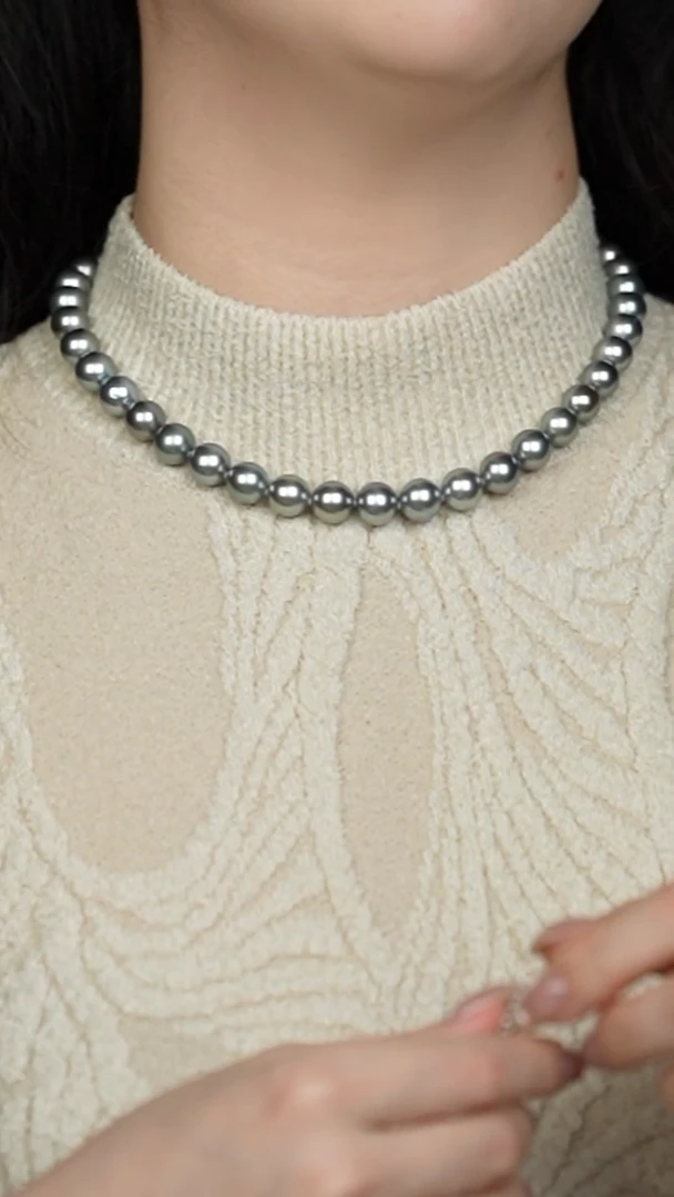 银S925镶嵌项链海水珍珠8-11大溪地铂金灰真科研OceanBlue