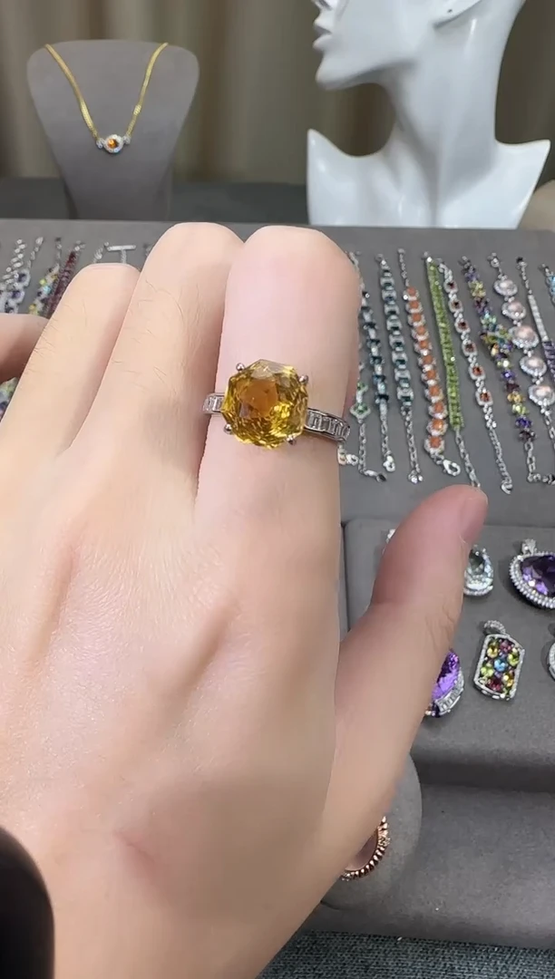 银S925镶嵌戒指黄晶10mm戒指玫瑰款