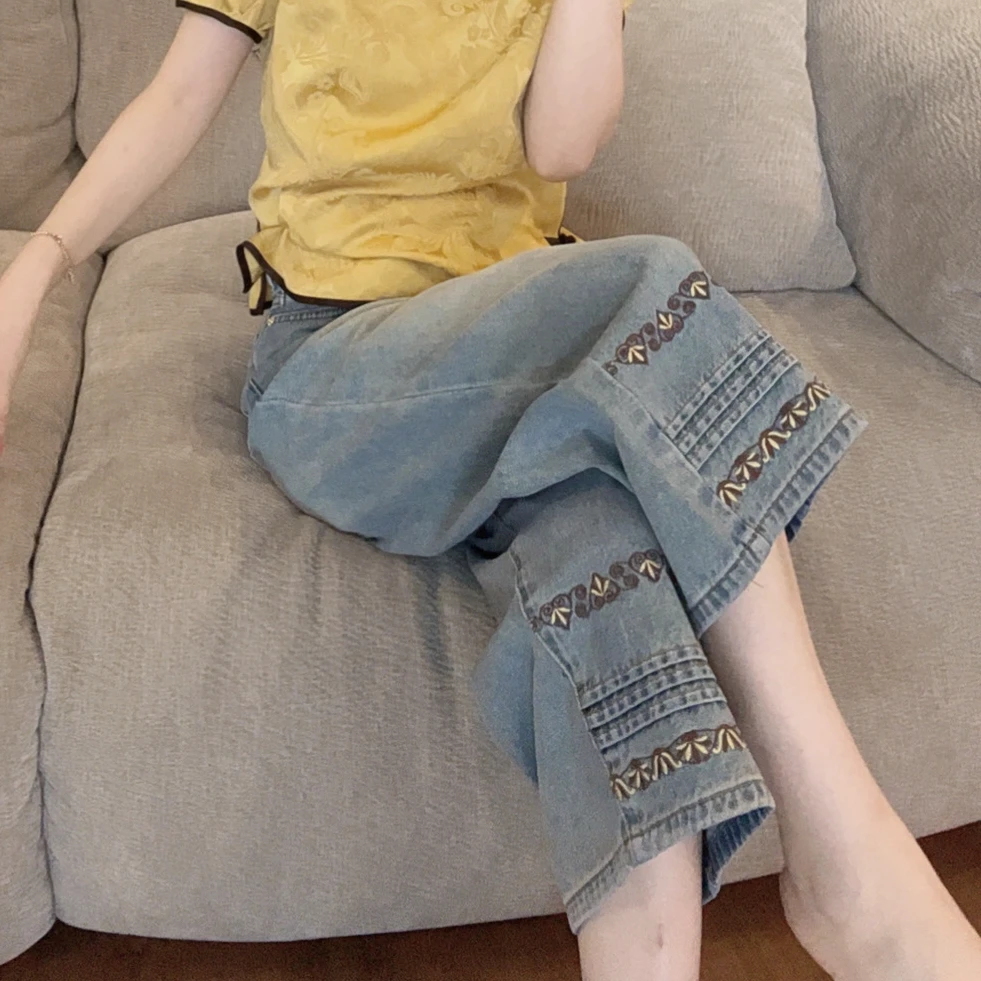 【悦悦专属】夏季新款下摆重工工艺刺绣直筒牛仔裤Y458