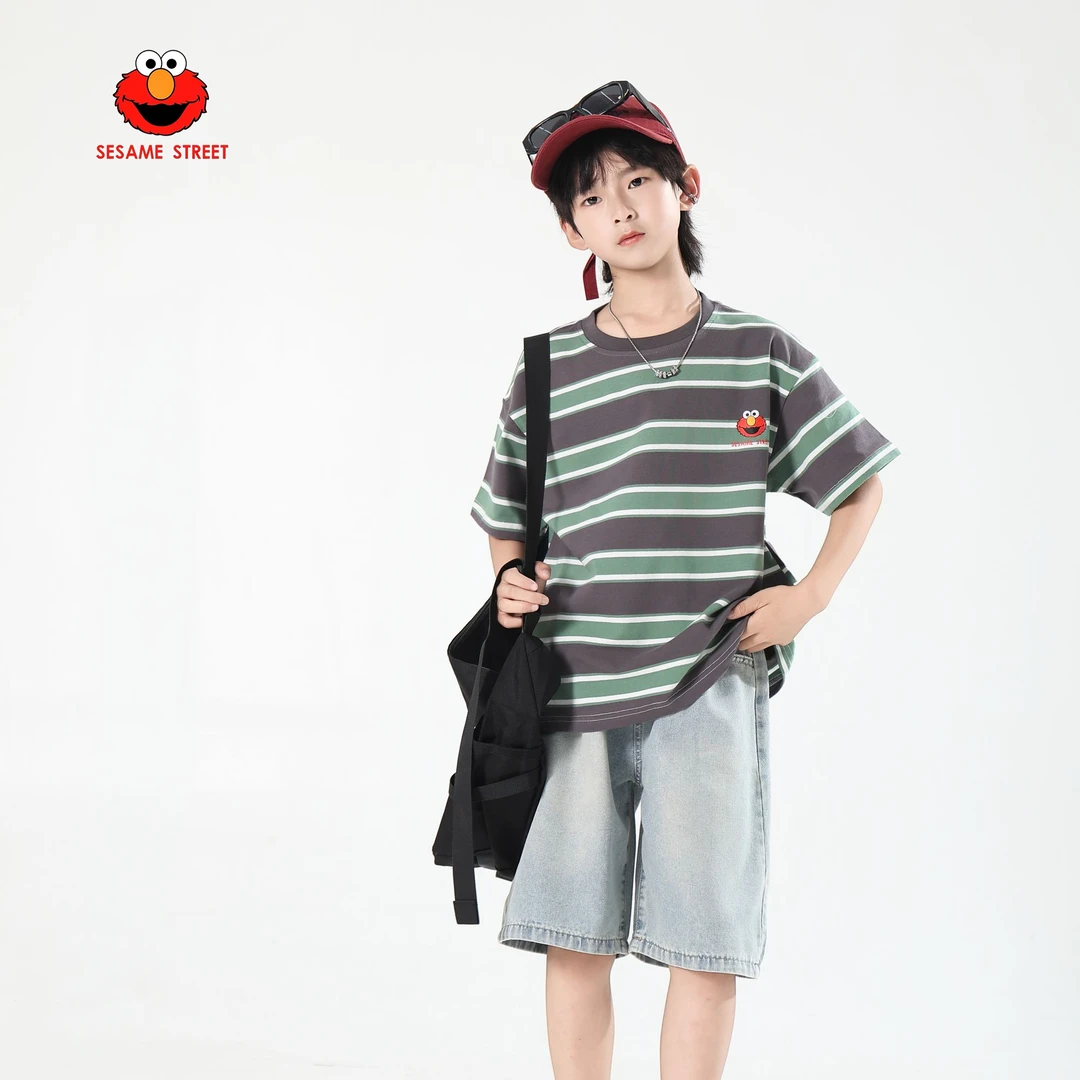 芝麻街新短袖吸汗夏季男童T恤夏装圆领条纹休闲儿童纯棉透气短袖