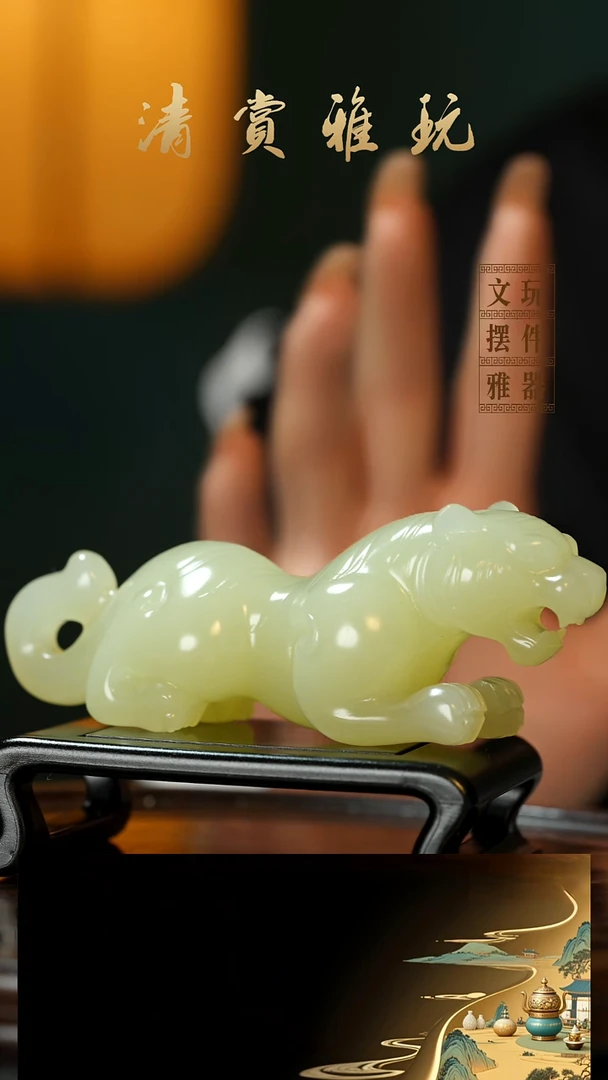玉《伏虎》手把件摆件