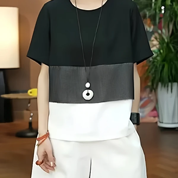 大码时尚撞色拼接短袖T恤夏季新款胖MM显瘦宽松百搭休闲女装上衣