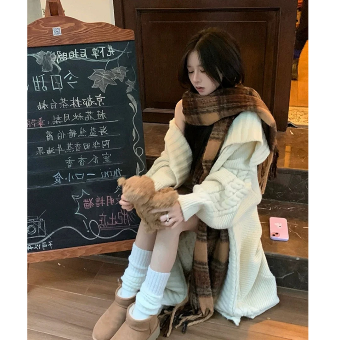 167慵懒风过膝纯色宽松温柔感韩版针织秋冬麻花翻领长款开衫外套