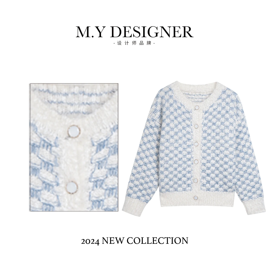 M.Y 媛总 宽松格子拼色长袖开衫针织衫4437-557