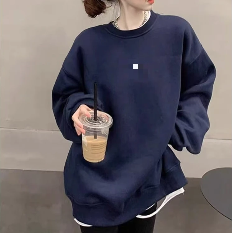 769大版卫衣女宽松韩版大码oversize中长款藏蓝色圆领卫衣7286