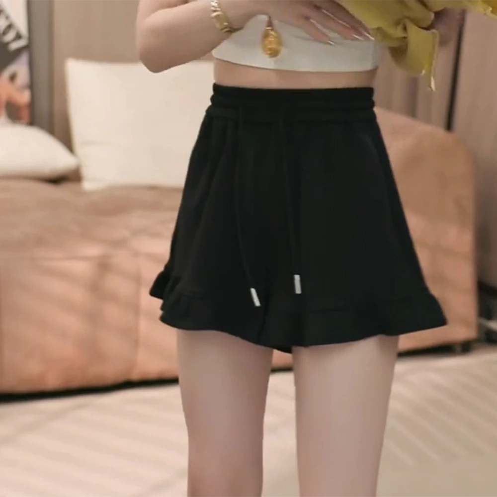 夏季新款木耳边高腰宽松ins韩版薄款显瘦阔腿裤短裤