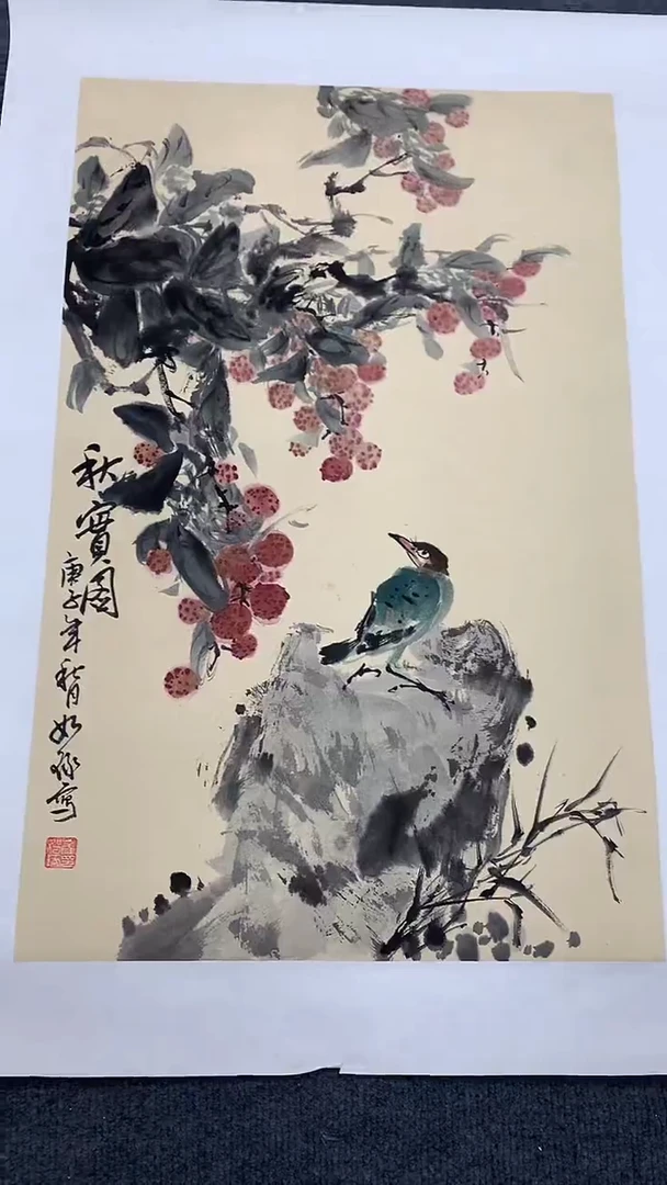 竖款精品开三花鸟