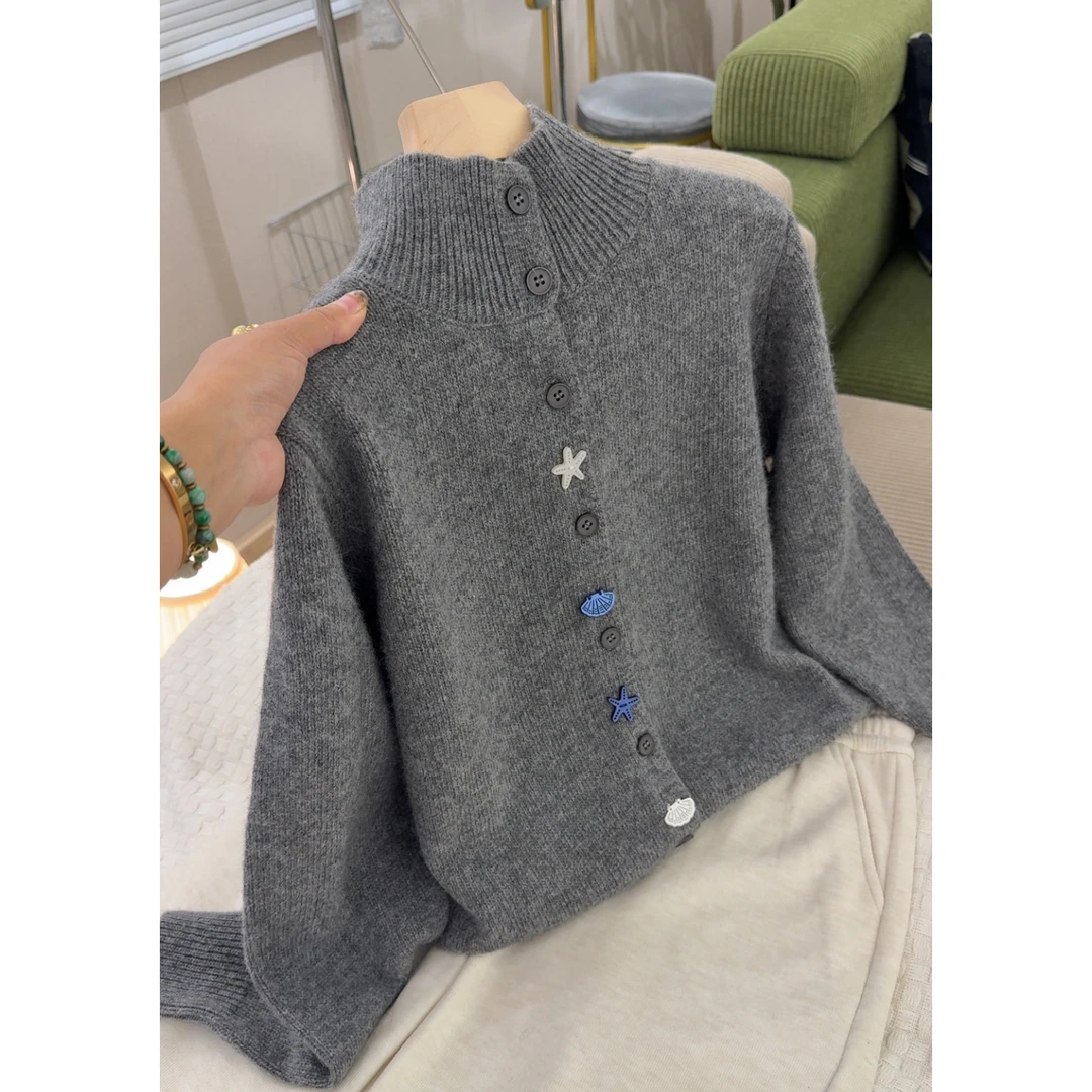 3579【立领海星扣开衫】秋季新款宽松毛衣外穿女士气质针织上衣