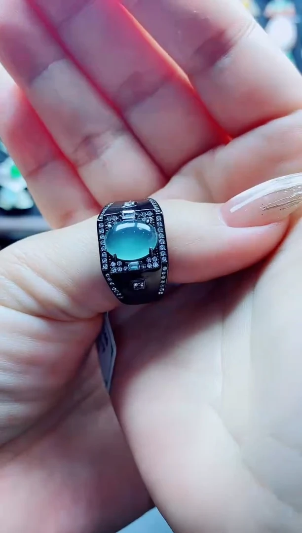 银S925镶嵌戒指翡翠喜**玩天然翡翠A货男戒