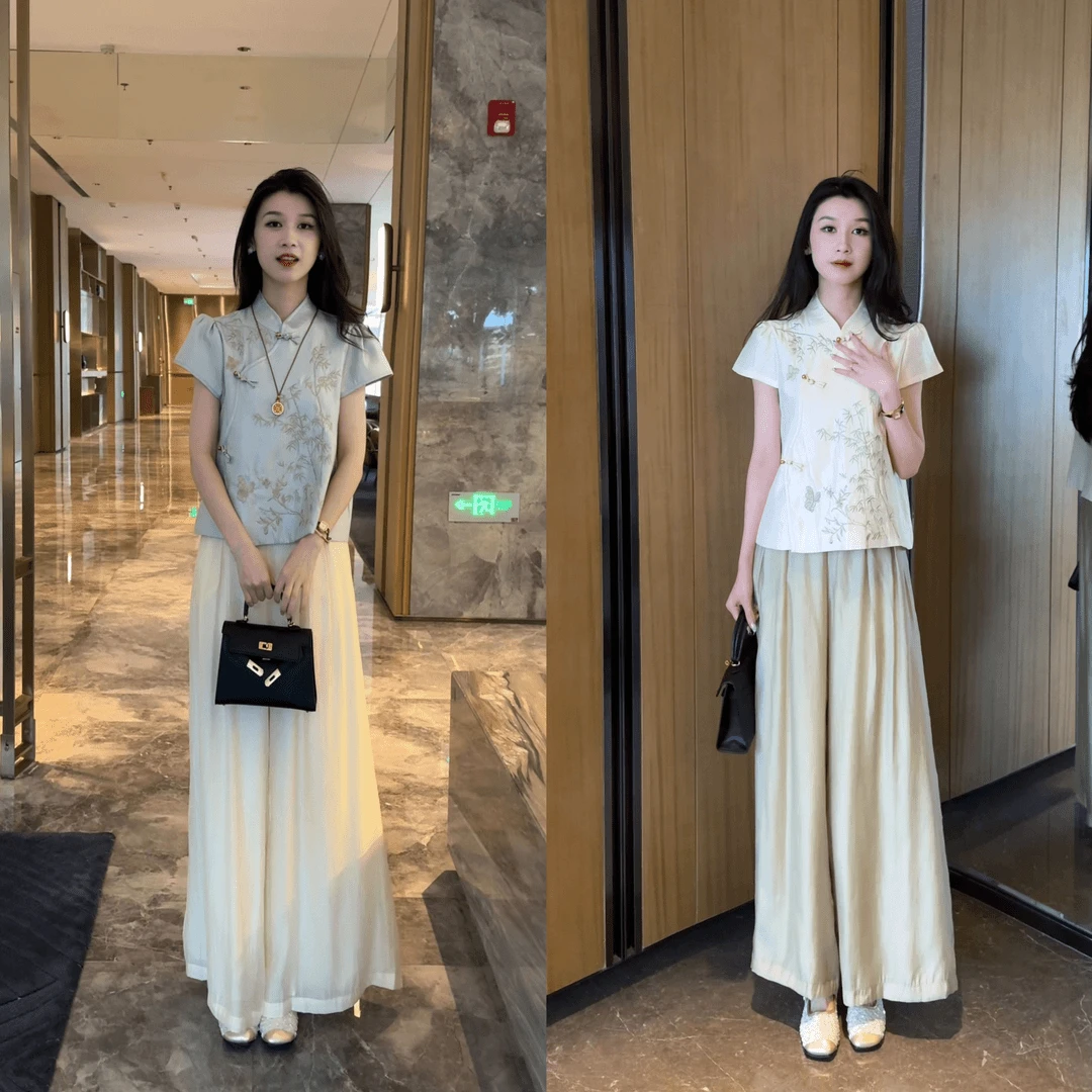 新中式国风刺绣盘扣上衣女装2025夏季新款阔腿裤慵懒休闲气质套装