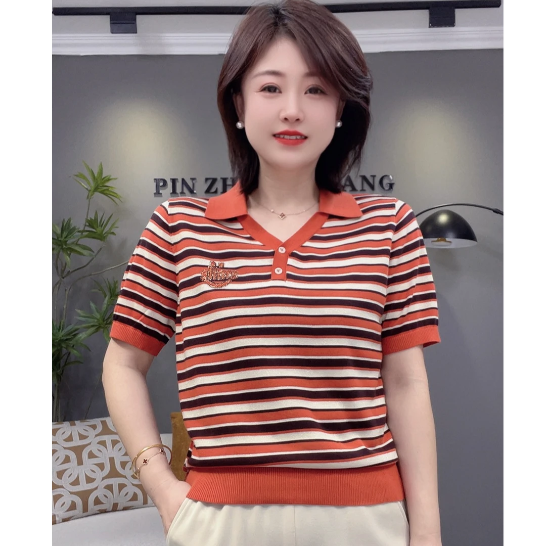 新款条纹翻领高档天丝半袖55702