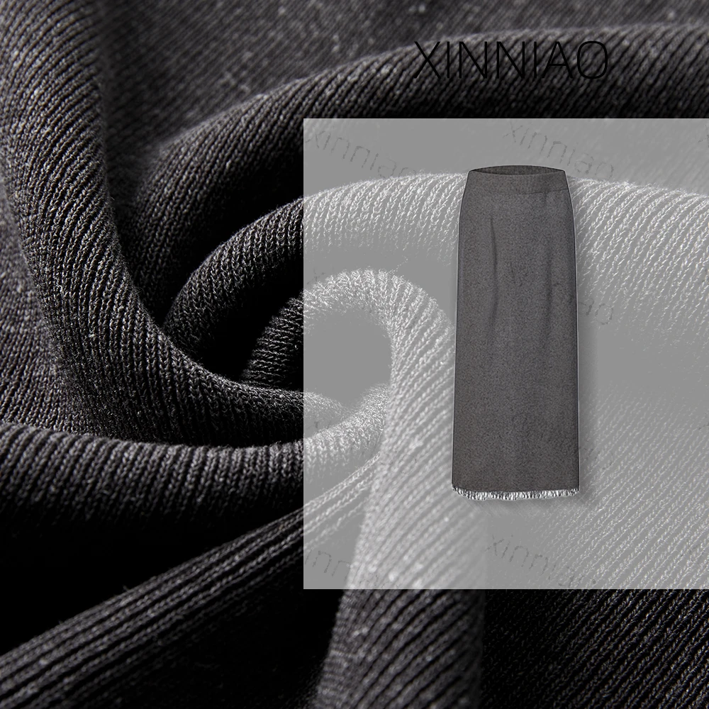 XINNIAO天丝亚麻一字裙精致流苏高腰纯色黑色女士半身裙