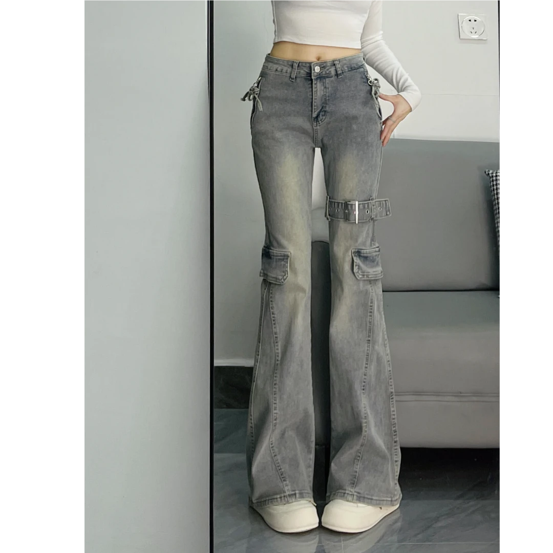 微喇叭牛仔裤女早秋小众洋气设计系带皮带拼接工装高腰长裤子弯刀