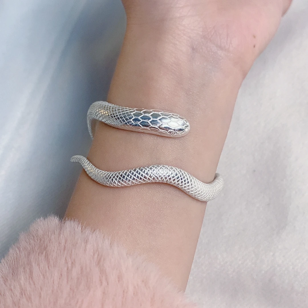足银手镯 足银999纯手工亮面生肖蛇小众纯银开口手镯素款个性个性